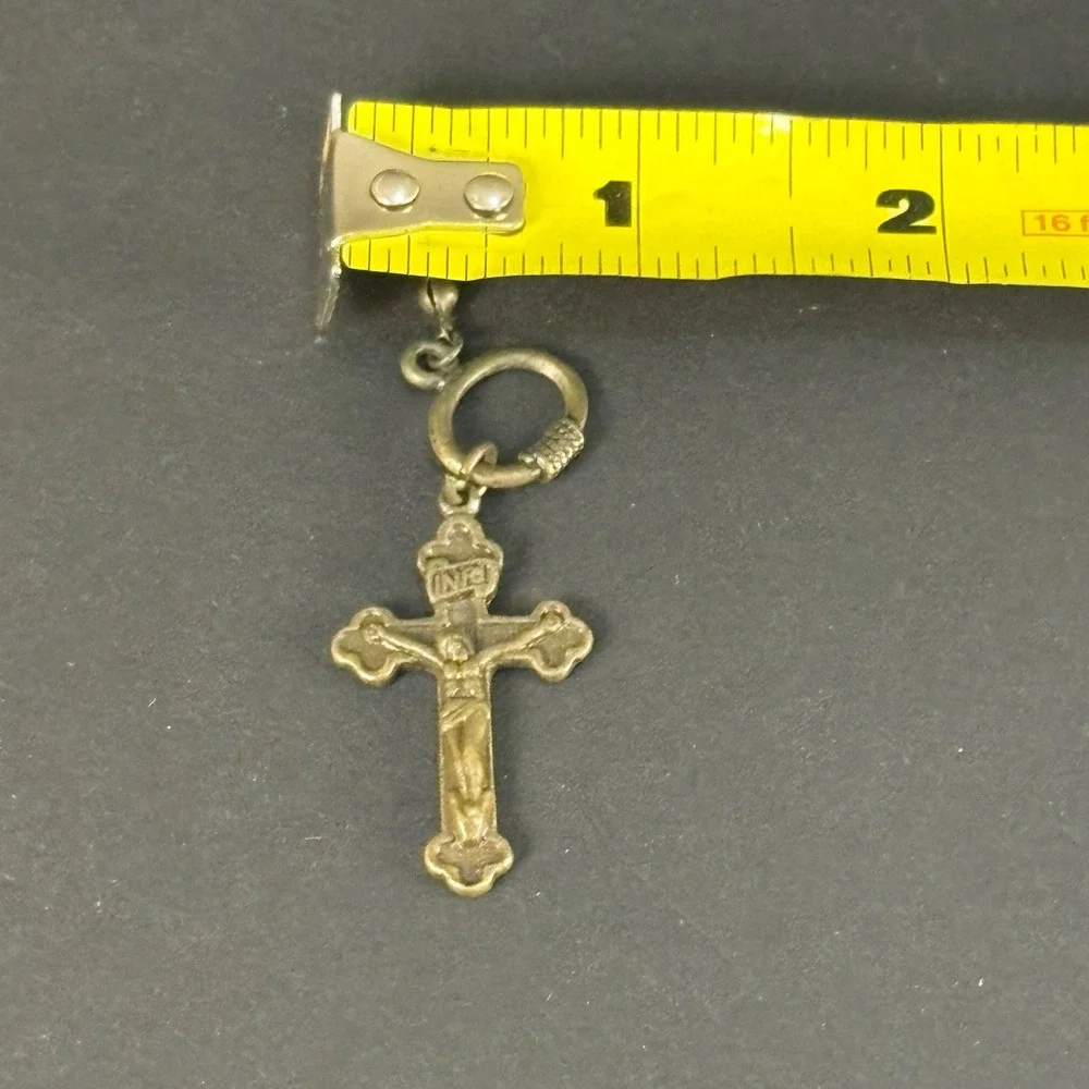 Vintage Catholic Crucifix Brass Pendant Unisex OS Bronze Good Aged Patina INRI